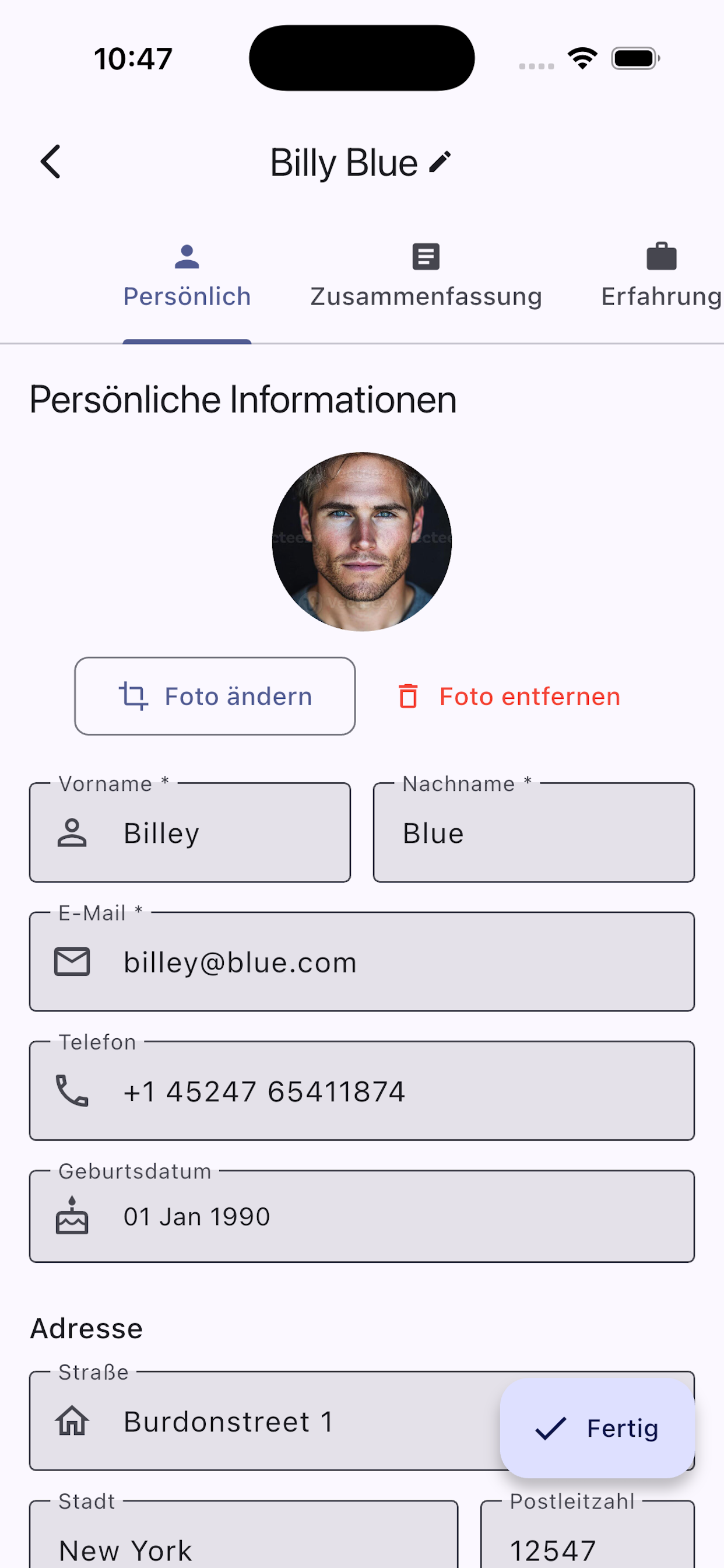CV Application Persönliche Daten